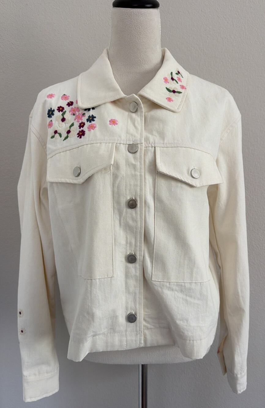 Dolan Floral Embroidered Trucker Jacket Womens Large Cream Cotton Boho NWOT